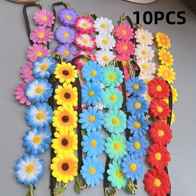TEMU 10pcs Vibrant Flower Headbands Set - , Adjustable, And Stylish - Parties, Beach , Festivals, And Travel - Polyester Hair Hair Types, Accessories For Hair Image
