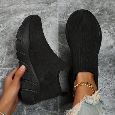 TEMU Women's Breathable Slip-on Sneakers - With Stability Support & Cushioned Md Sole, Soft Knit Fabric Upper, Black For Casual Casual Attire, Versatile Footwear, Sleek Sneaker Style, Image