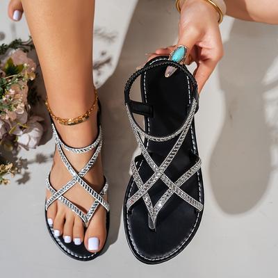 TEMU Women's Rhinestone-embellished Flat Sandals - Open-toe Ankle Strap Summer Shoes With Synthetic Cover Upper & Tpr Sole, For Casual & Formal Events Image