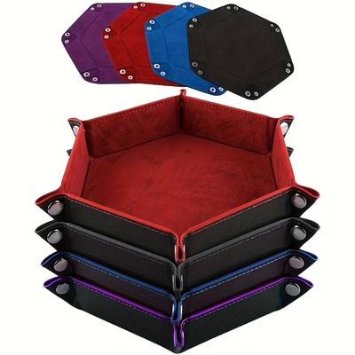 TEMU 4pcs Dice Foldable Dice Tray Hexagon Dice Rolling Tray Leather Dice Holder For Dice Games Like Rpg, Dnd And Other Desktop Games (red, Black, Blue And Purple) Halloween Christmas Gift Image
