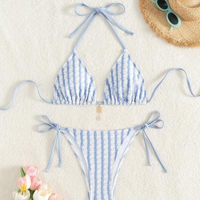 TEMU Women's Elegant Color-block Textured Fabric Bikini Set - V-neck, Heart Charm, Stretch Polyester & Spandex, Non-transparent Swimwear, High-waisted Bikini Set With Lace-up Detai Image
