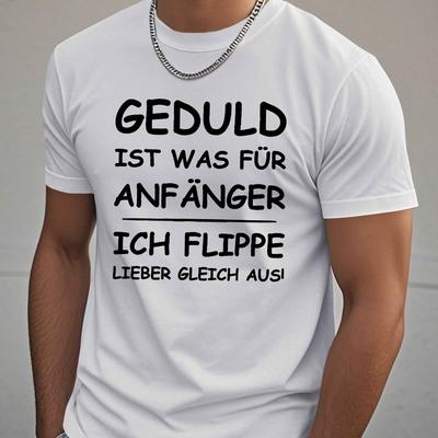 "TEMU | Men's Funny German Crinkle T-shirt- " Geduld" Humorous Quote, White, Casual Summer Tee, Machine Washable, Cute T Shirts" Image