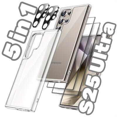 TEMU 5in 1 Case For Galaxy S25 Ultra 5g With 2pcs Each Tempered Glass Screen Protector And Camera Lens Protector, Non-yellowing Shockproof Bumper Phone Cover(clear) Image