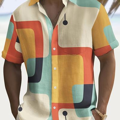 TEMU Men's Vintage 1950s Retro Geometric Atomic 3d Print Short Sleeve Shirt - 100% Polyester, Vibrant Color , Regular Fit With Chest Pockets & Single-button Closure For Summer Casual Wear Image
