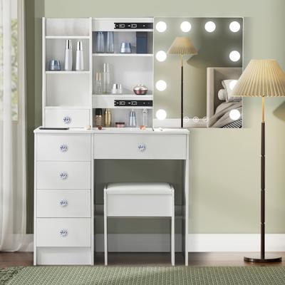 TEMU Contemporary Makeup Vanity Table With 10 Led-lit Mirror And 6 Drawers Image