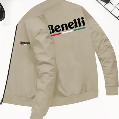 TEMU Men's Slim Fit Casual Fall/winter Jacket - Beige Stand Collar With Print, Zip-up, Machine Washable, Versatile Outerwear For Style Image