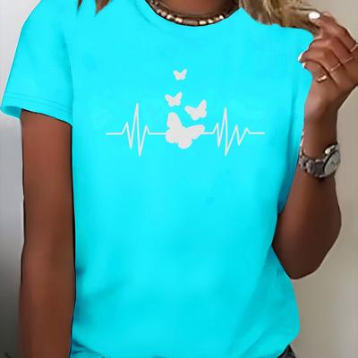 TEMU Women's Turquoise Heart & Birds Graphic Print Polyester T-shirt - Elegant Round Neck Short Sleeve Top For Spring/summer, Machine Washable Casual Wear, Ladies T Shirts, Smooth Texture Fabric Image