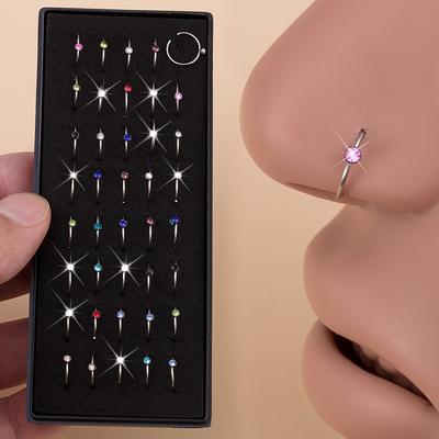 TEMU 40/80pcs Artificial Crystal Nose Rings Stainless Steel Nose Piercing Hoop Cartilage Tragus Daith Helix Earring Body Jewelry Random Color (40pcs/box) Image