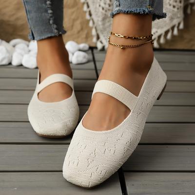 TEMU Women's Breathable Knit Slip-on Flats - Comfortable Non-slip Soft Sole, Beige Textured Fabric Design, Casual Round Toe Shoes For Casual Attire, Spring Daily Footwear | Classic | Durable Pu Sole Image