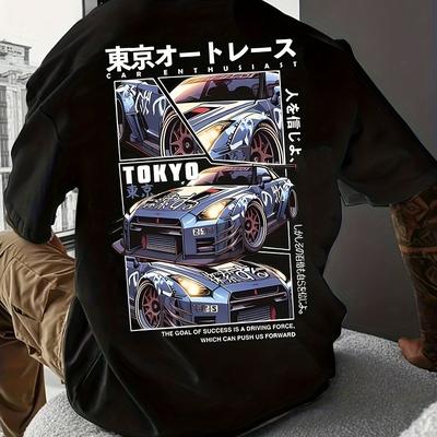 TEMU Men' Japanese Racing Car Print T-shirt - Casual Crew Neck Short Sleeve Tee With Dynamic , Lightweight & Comfortable For Casual Attire Image