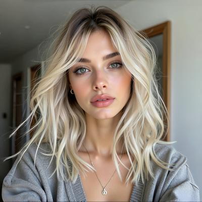 TEMU Ombre Blonde Wavy Bob Wig For Women - Shoulder Length, Middle Part, Heat Resistant Synthetic Fiber, Natural Looking, Elegant Style For & Parties, Hair Wig Image