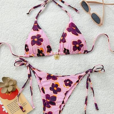 TEMU Women's Multicolor Random Floral Print Top Low Waist Sexy Tie-draw Adjustable Briefs Beach Vacation Swimming Bikini Swimsuit Two-piece Set Image