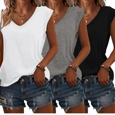 TEMU Women's 3pcs V-neck Tank Top Set - Casual Sleeveless T-shirts, Solid Colors, Breathable Polyester Blend, Machine Washable - Ideal For Spring & Image