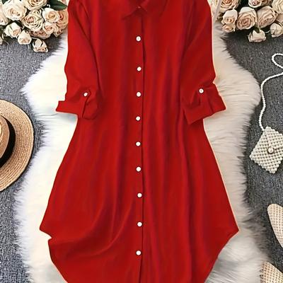 TEMU Women' Color Lapel Button-front Shirt Dress - Polyester Casual Long Sleeve Button Detailing, Machine Washable Regular Fit For Office & Casual Attire, Button Front Dress, Nontransparent Fabric Image