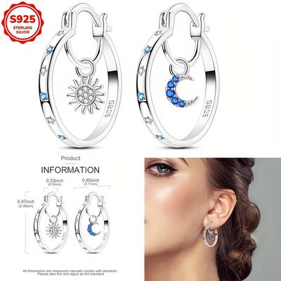 TEMU 1 Pair Of Earrings Weighing 4 Grams 925 Silver Inner Hanging Sun And Moon Earrings Earrings Women's Hoop Earrings Suitable For Engagement Jewelry Gift Image