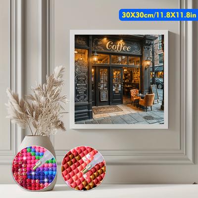 TEMU [1pc 5d Diy Diamond Painting Kit] Jozysh 5d Diy Diamond Painting Kit, Coffee Shop Theme, Handcrafted Round & Square Acrylic Diamond Art, Mosaic, For Home Office Wall Decor, Gift Image