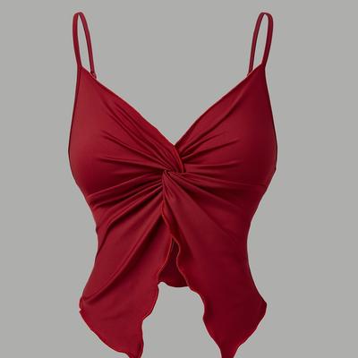 TEMU Women's Burgundy Twist-front Camisole | Elegant Polyester-spandex Blend | Adjustable Straps | Irregular | Machine Washable & Safe | Versatile Fashion Top Image
