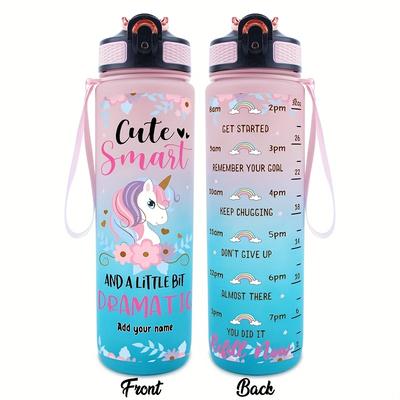 "TEMU 1pc 32oz Bpa-free Sports Water Bottle - Unicorn Design "cute, Smart & A Dramatic" With Floral Elements, Custom Name Feature, Leak-proof, , Girls, & Gift" Image