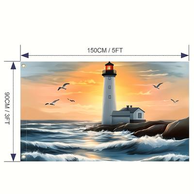 TEMU 1pc Coastal Lighthouse Yard Flag - Vibrant Sunset Design, 100% Polyester Weather-resistant Outdoor Decoration For Garden, Patio, Porch - No Electricity Needed, Easy To Hang, Coastal Home Decor Image