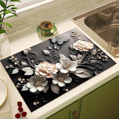 TEMU 1pc, 3d Floral Pattern Absorbent Mat, Soft Silica Gel Non-slip Quick-dry Pad For Kitchen Countertop, Dish Drying Mat For Coffee Machine, Polyester Cover, Home Kitchen Essentials Image