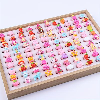 TEMU 30pcs Y2k Cute Cartoon Resin Ring Set, Random Style, Flower Strawberry Pattern, For , Party, Gift Image