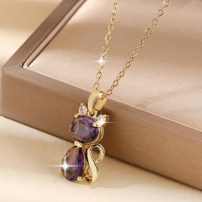 TEMU 1pc Elegant Vintage Copper Pendant Necklace With Purple Synthetic Zirconia, Fashionable Clavicle Chain For Women, Ideal For & Gifting, Valentine's Day - All Compatible Image
