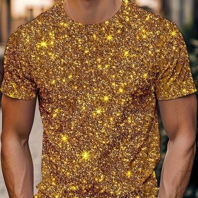TEMU Men's Glittering Golden 3d Print T-shirt - Summer Casual Round Neck Short Sleeve, Quick-dry Polyester Fabric, Sparkling Golden , Casual Attire & Night Out, Everyday Casual Shirt | | Image