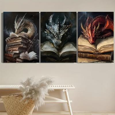 TEMU 3pcs Dragon & Mythical Book Canvas Art Set - Vibrant Fantasy Wall Decor For Living Room, Bedroom, Home Office - Style, Indoor/outdoor Use, Frameless Image