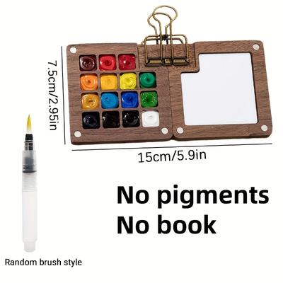 TEMU Mini Wooden Watercolor Painting Set - 8/15 Grids, Portable Travel Kit With Clips, Brushes & Palette - No Ink Or Paints Included - Ideal For Any Notebook - Art Supplies For Artists On The G Image