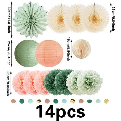 TEMU 14pcs-sage Green Paper Fan Lantern Set Peach Flower Round Piece String Wedding Party Decoration Supplies Image