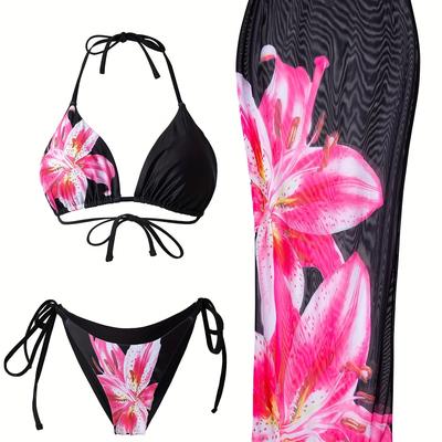 TEMU Women's 3pcs Summer Swimsuit Set With Floral Print - Includes Top, A Tie-front Bottom, And A Long Mesh Skirt - Casual Beach Vacations Image