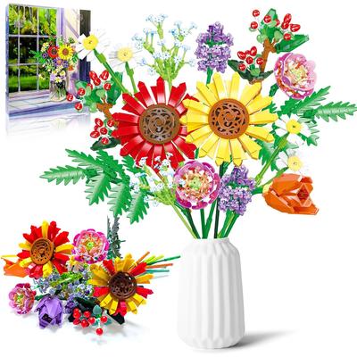 TEMU Flower Bouquet Plants Building Blocks Mini Bricks Artificial Creative Decoration, Abs Material