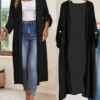 TEMU Women's Elegant Solid Color Long Sleeve Jacket Shirt With Button Details - Chic Off-shoulder Design, Spring/summer, Casual Yet Sophisticated Style, Casual Attire|elegant Offshoulder|button Detai Image