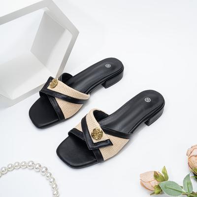 TEMU Women's Summer Slide Sandals - Comfortable Low Heel, -on, Fashionable Design With Metallic Flower Accents, Casual Beach & Vacation Footwear Image