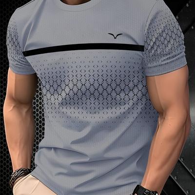 TEMU Men' Checkered Gradient T-shirt - Light Blue To Black, Casual Crew Neck, Short Sleeve, Breathable Mesh Design, Casual Attire Image