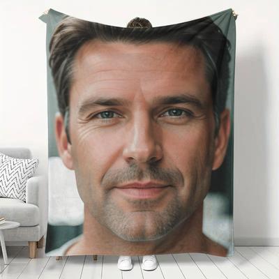 TEMU Custom Photo Blanket - Personalized Text/ - Soft Flannel Throw For Sofa, Bed, Office, Car & Travel - - Perfect Gift For - Machine Washable, Light Gray With Striped Design, Personalized Blanket Image
