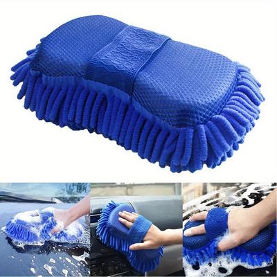 TEMU 1pc Blue Microfiber Chenille Car Wash Sponge Care Washing Brush Pad Cleaning Tool, Polyester Fiber, Auto Washing Towel Gloves Styling Accessories Image