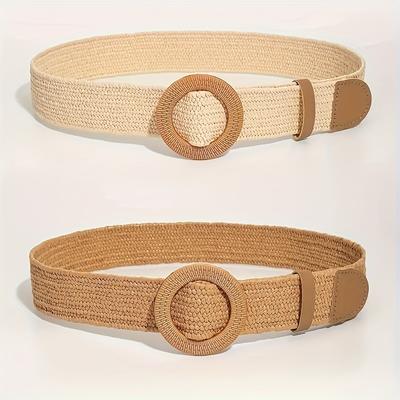 TEMU 2pcs/set Bohemian Brown Grass Belt Classic Round Wide Belt Elegant Summer Beach Belt For Women' Use Image