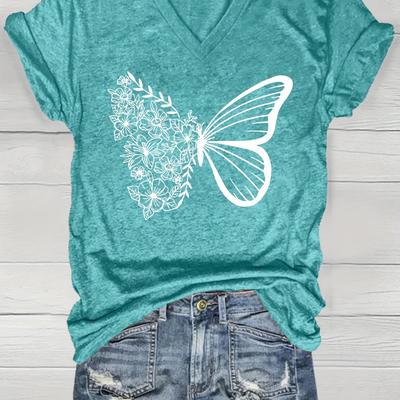 TEMU Women's Casual V-neck Short Sleeve T-shirt - Loose Fit Summer Top With & Floral Print, Rayon-spandex-polyester Blend, Machine Washable, Olive Green Image