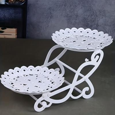 TEMU 2-tier Victorian Style Plastic Cake Stand With Wheels, White Decorative Dessert Display Tray For Weddings, Birthdays, And Fruit Presentation, Food-safe Design, Cake Decorating Supplies Image