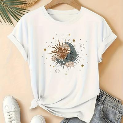 TEMU Women's Graphic Print T-shirt - 95% Polyester 5% Elastane Blend, Lightweight 200gsm Crew Neck Short Sleeve Top With Golden Glitter Accents, Machine Washable Casual Shirt For Spring Summer Fall Image