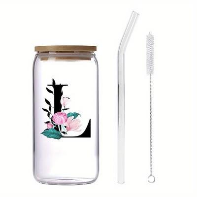 TEMU 16oz Glass Coffee Mug With Letter & - Includes Bamboo Lid & Straw, Office & Home Use - Ideal Birthday Gift For Women, Mom, Best Friend, Bride, Bridesmaid - Great For Thanksgiving/valentine's Day Image