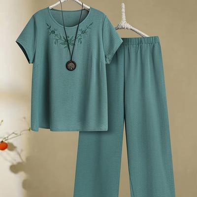 TEMU Women's Comfortable Embroidered Short Sleeve T-shirt And Pants Set - Casual Crew Neck, Straight Leg, Solid Color With , Polyester Blend, Spring/summer Collection Image