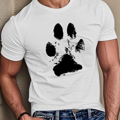 TEMU Men's Lightweight Dog Paw Print T-shirt - Casual Crew Neck, Short Sleeve, Breathable Polyester Summer Top, Machine Washable Image