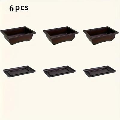 TEMU 6pcs Classic Rectangular Purple Clay Flower Pot Set (3pcss Pot + 3pcss Base) With Drainage Tray, Durable Plastic, Succulents, Bonsai And Houseplants, Indoor And Outdoor Compatible Image