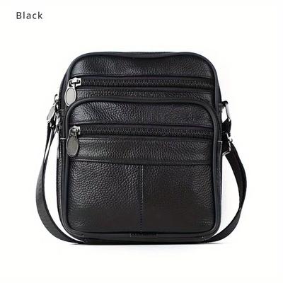 TEMU Men's Genuine Leather Shoulder Bag - Vintage Style, Multi-compartment Crossbody For Business Casual, Top Layer Cowhide With Zippered Pockets & Adjustable Strap Image