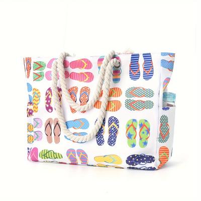 TEMU Colorful Print Beach Tote Bag – Lightweight, Polyester With Rope Handles, Ideal For Summer And Vacation Essentials, Vacation Accessory | Design | Sturdy Handles, Beach Bag Image