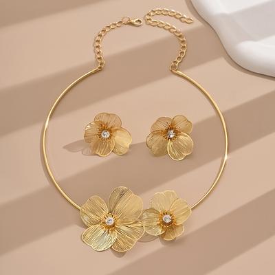 TEMU Luxury 3pcs Set Geometric Hollow 3d Flower Earrings And Choker Necklace For Women, Iron Material, , Suitable For Daily And Party , Accessory Image