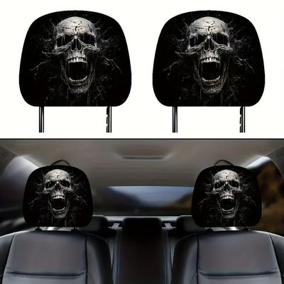 TEMU 2pcs Print Car Headrest Covers - Black & White Screaming Design, Stretchy Synthetic Fiber, Fit For Most Cars And Sedans, Headrest Protection | Edgy | Synthetic Fiber Cover Image