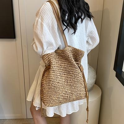 TEMU Large Woven Straw Tote Bag For Women - Spacious Beach Shoulder Bag With Magnetic Closure, Vacation, Travel & Casual - Khaki Color, Casual Carryall | Bag | Magnetic Closure Bag, Beach Bag Image